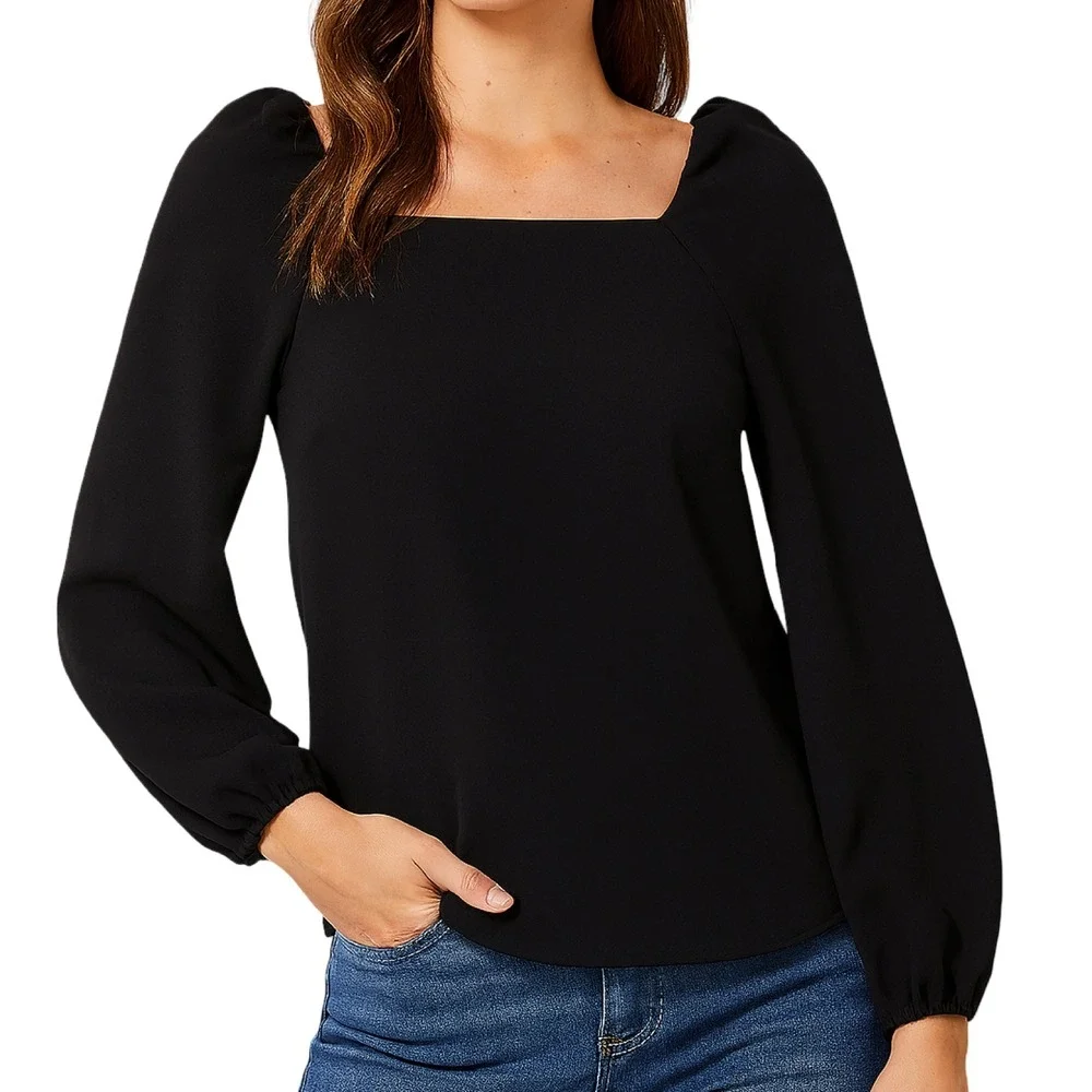 J.Crew 365 Blouse Women 00 Black Square Neck Long Sleeve Puff‎ Sleeve Minimalist
